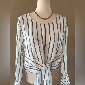 Striped long sleeve front tie blouse